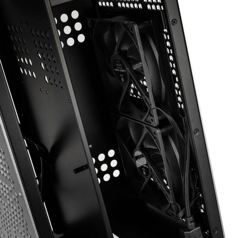 Interior of a computer case with two fans mounted on the side and visible cables. Ventilation holes on the case wall.