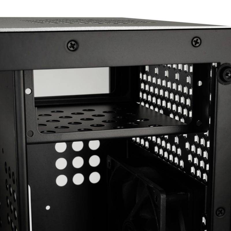 A black metal enclosure with ventilation holes and an integrated fan, suitable for computer hardware or electronic components.