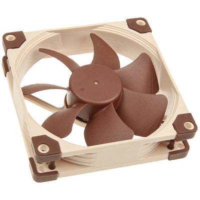 A beige computer fan with brown rotor blades and shock-absorbing corners to reduce noise, in a square shape.