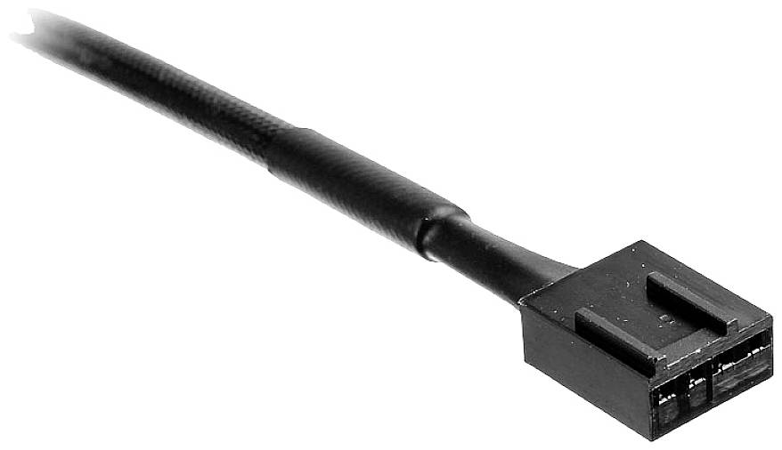'Black, three-pin plug with cable, typically used for computer fans or electronic connections.'