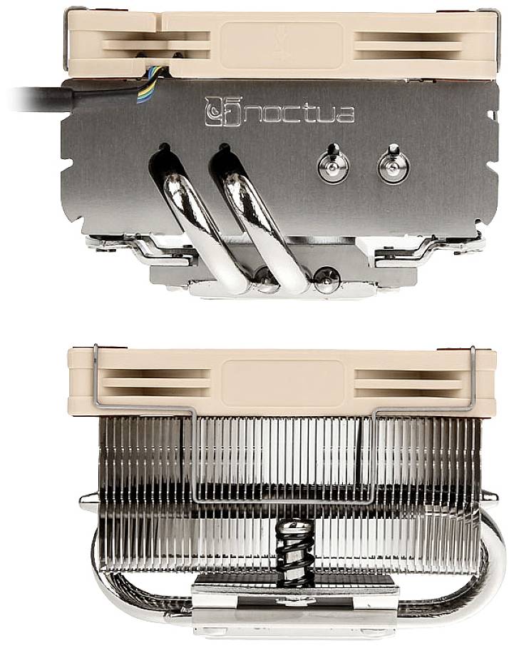 CPU cooler from above and side, with copper heat pipes and aluminium fins, for efficient heat dissipation in computer processors.