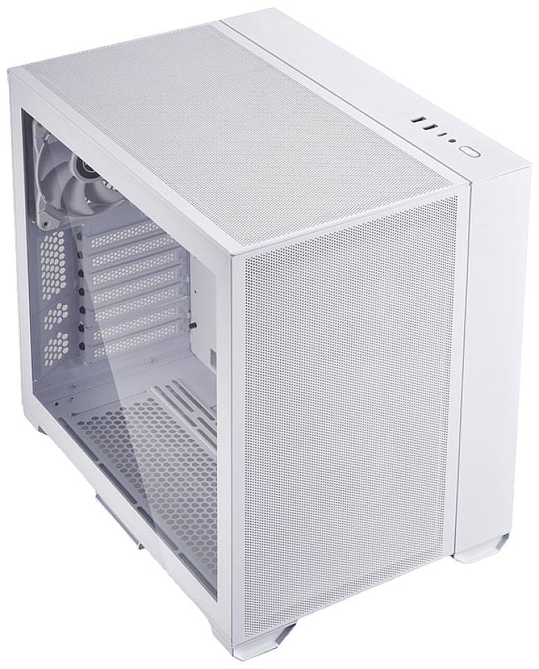 A white computer case with a transparent side panel and large ventilation grille, providing space for PC components and cooling.