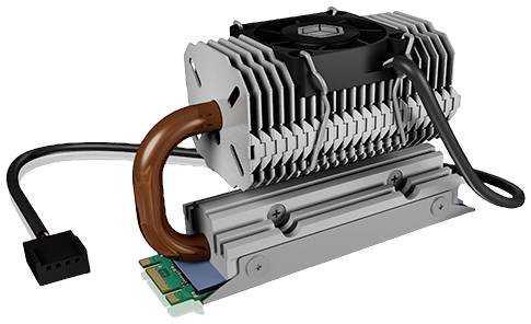 A heatsink with a fan and copper pipe for computer hardware. Cables are connected, serves to cool electronic components.