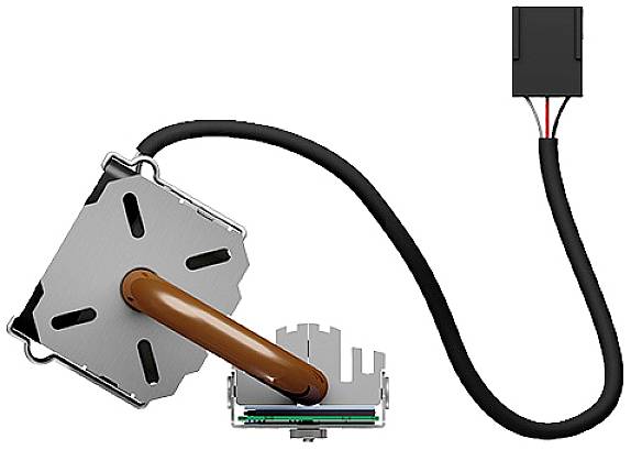 A heatsink with an attached fan; a copper pipe connects the heat sink to the fan. Power supply cables connected.