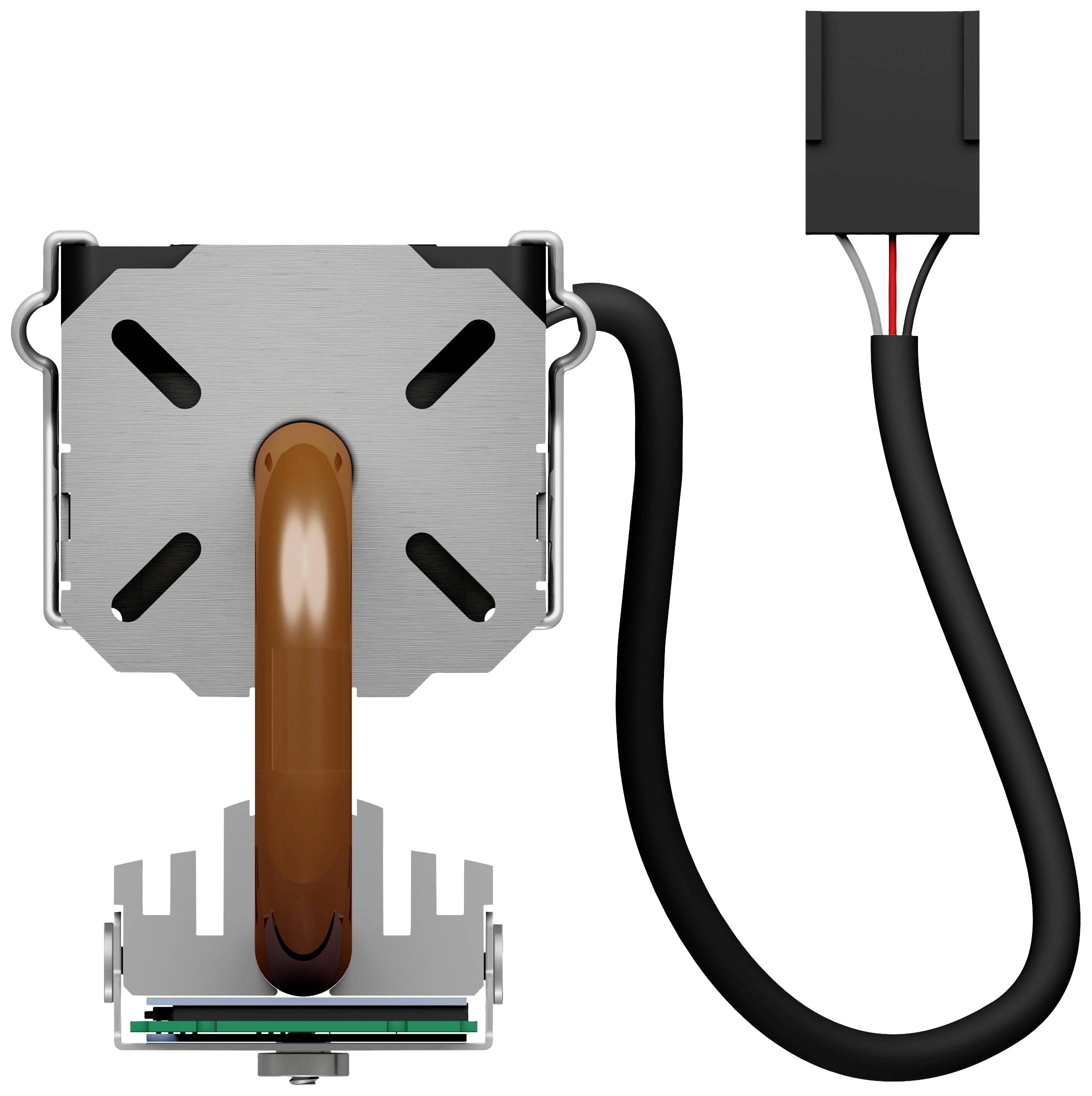 CPU cooler with copper heat pipe and black power cable.