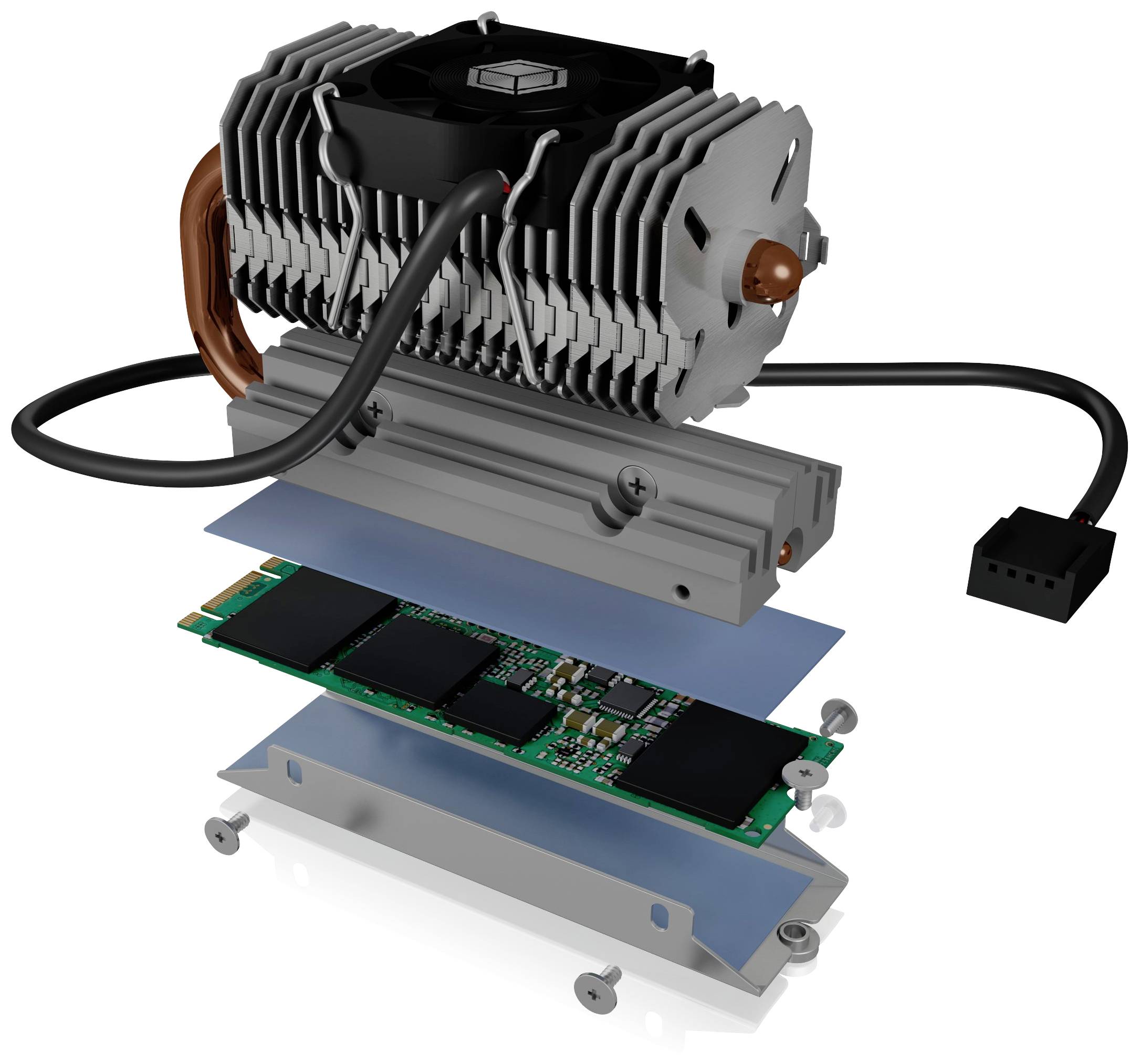 Figure of an opened M.2 SSD with cooling components. The layers of the SSD storage, heatsink, and fan are visible.