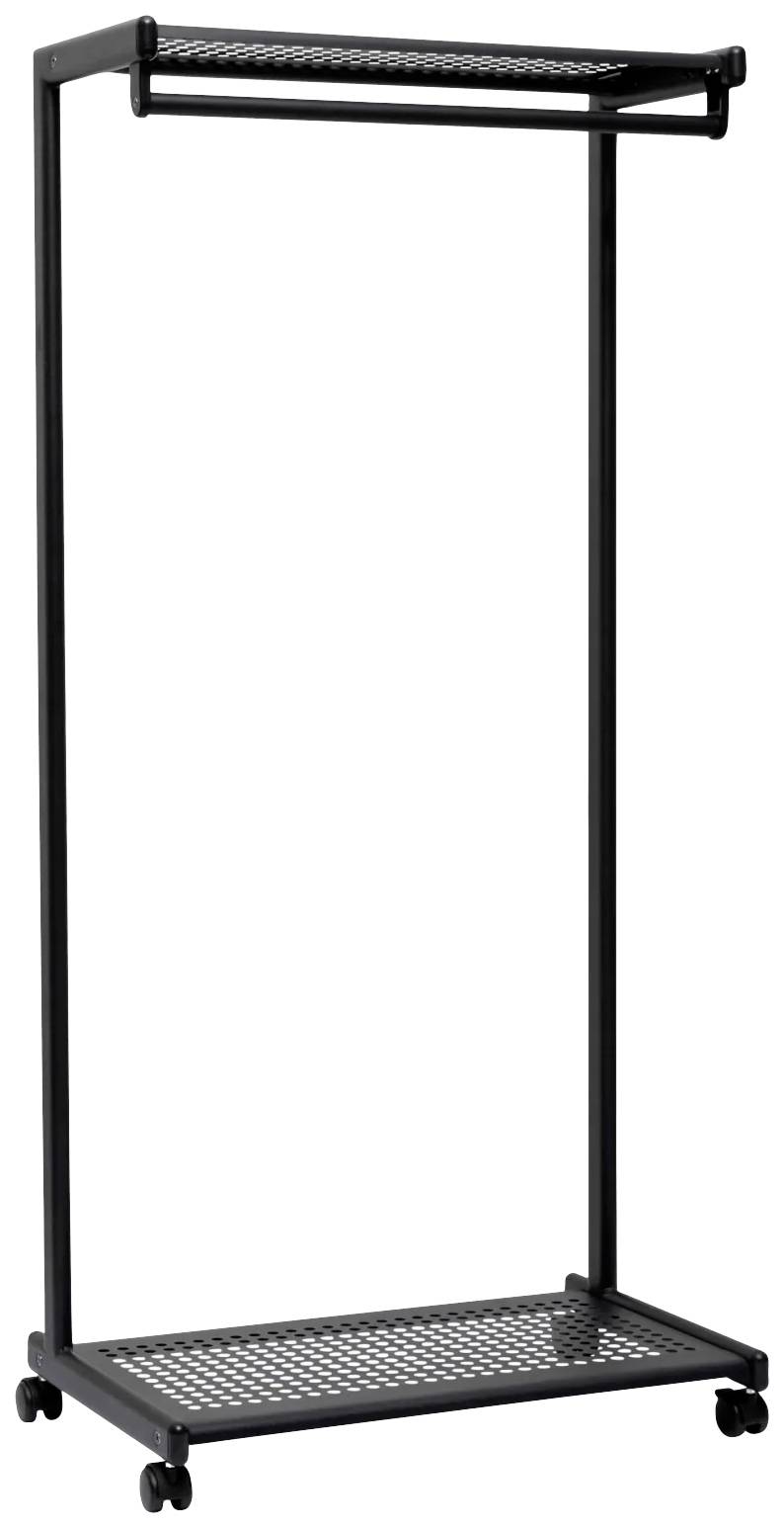 Black metal clothes rack with wire shelves on top and bottom, mounted on castors. Suitable for storing and transporting clothing.