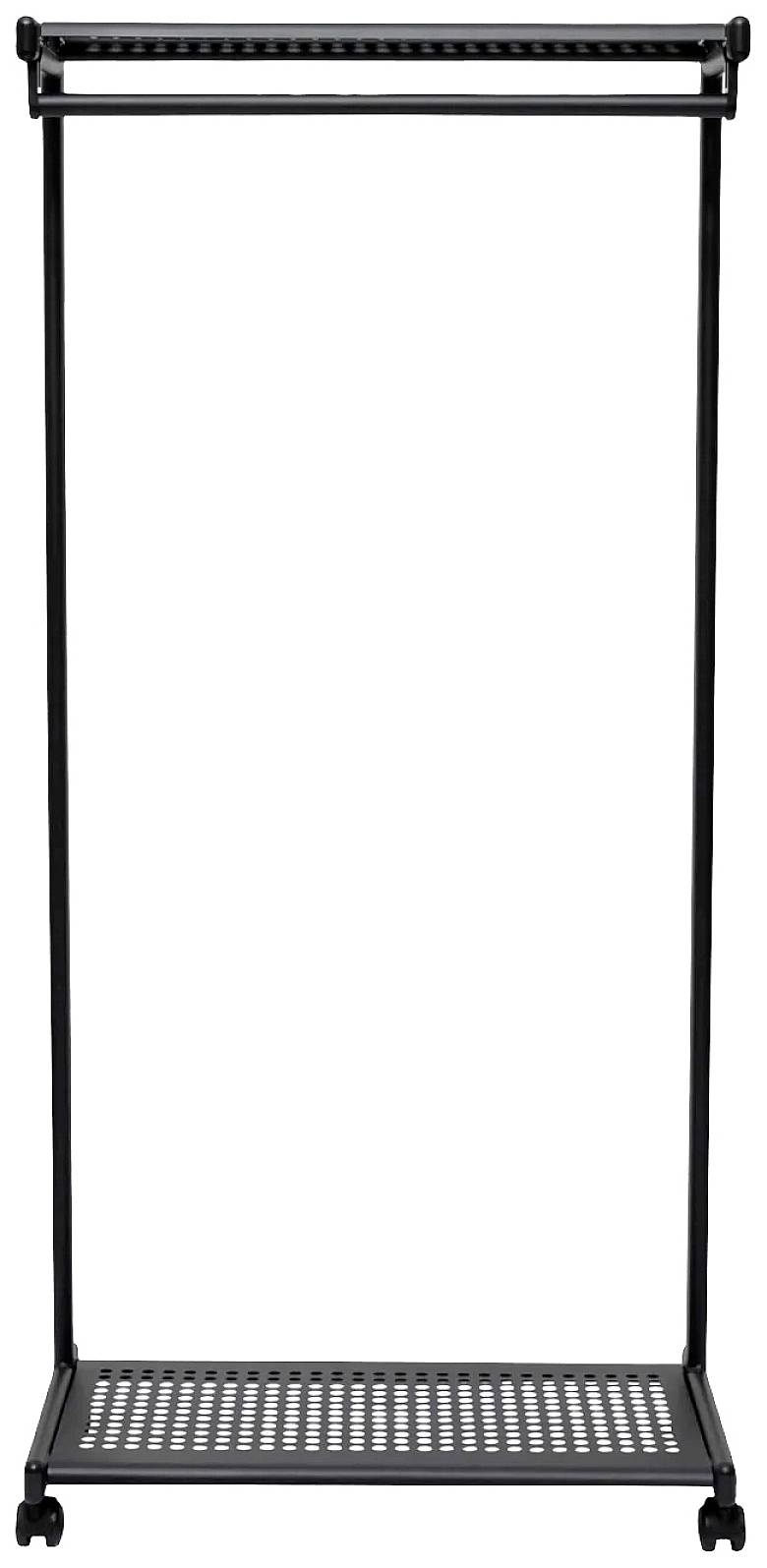 A black, rectangular clothes stand with a bar at the top and a perforated shelf underneath. Mobile on castors.