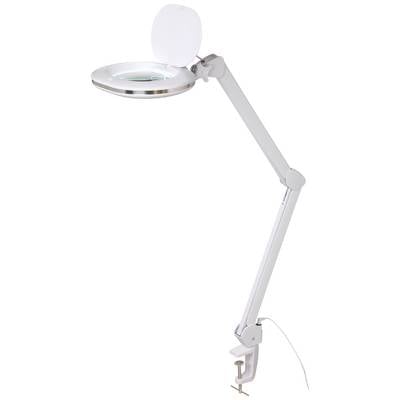 White desk lamp with adjustable arm and circular light surface, mounted on a table edge. Ideal for precision work.