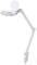 White desk lamp with adjustable arm and circular light surface, mounted on a table edge. Ideal for precision work.
