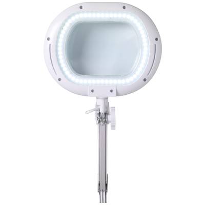 Round, adjustable magnifying lamp with integrated LEDs for enlarging and illuminating small objects in work or hobby areas.