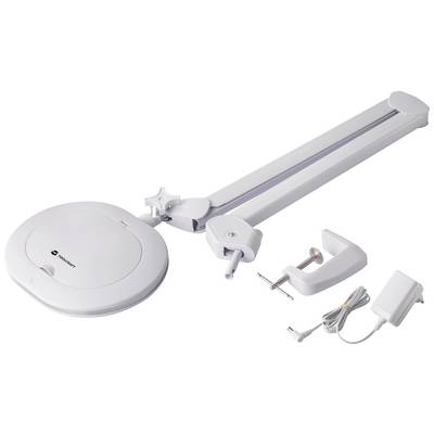 A white desk lamp with a long, adjustable arm and circular lampshade; cable, power supply, and table clamp are included.