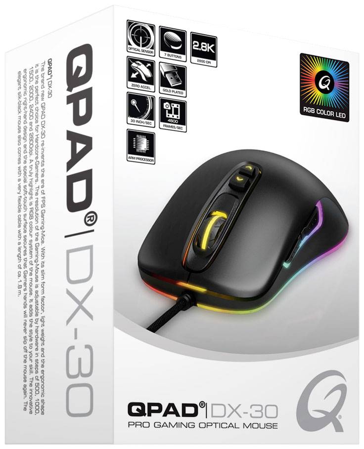 Qpad Dx30 Gaming Mouse Usb Optical Black Rgb 7 Null 500 Dpi 1000 Dpi 1500 Dpi 00 Dpi 2400 Dpi 2800 Dpi Backlit Conrad Com