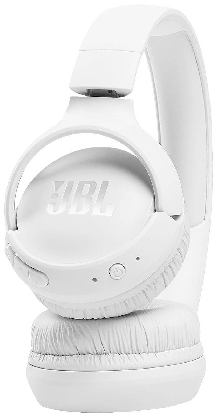 White wireless JBL headphones with padding and control buttons on the side, suitable for enjoying music.
