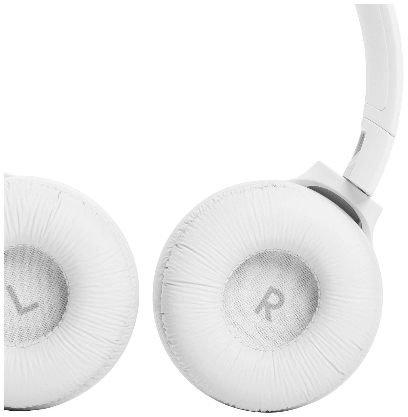 White headphones with 'L' and 'R' markings on the ear cups, indicating the sides for left and right ear.
