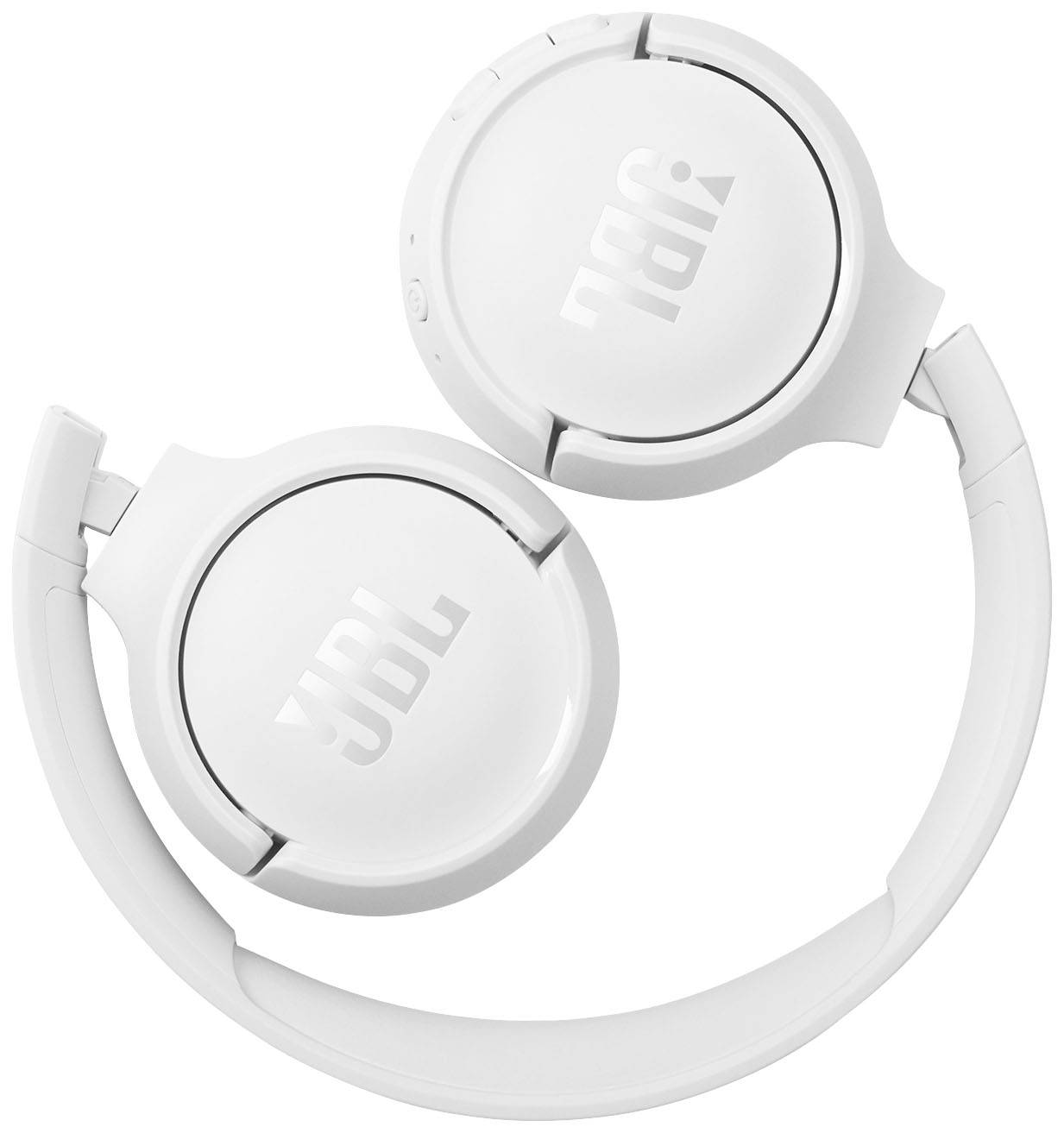 White JBL headphones with a foldable design, suitable for portable music enjoyment.
