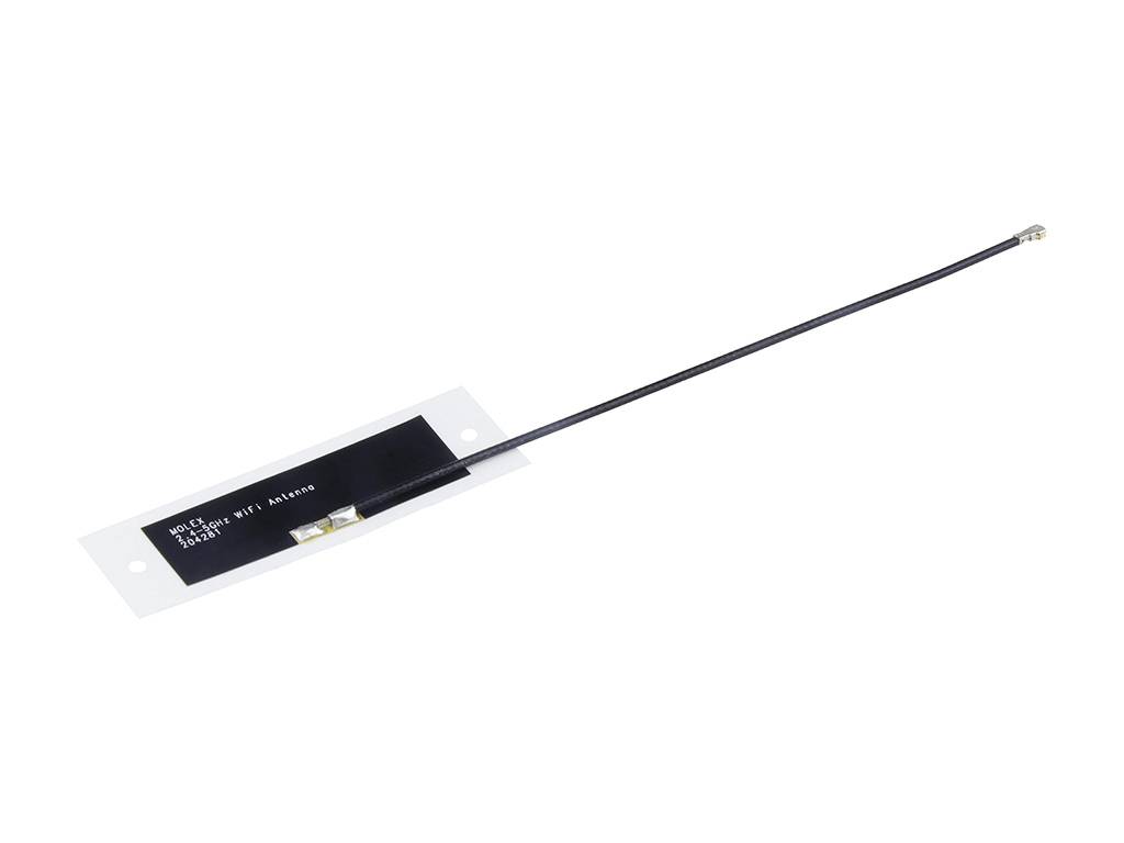 Thin, rectangular antenna with cable and plug, for wireless communication, on a white background.