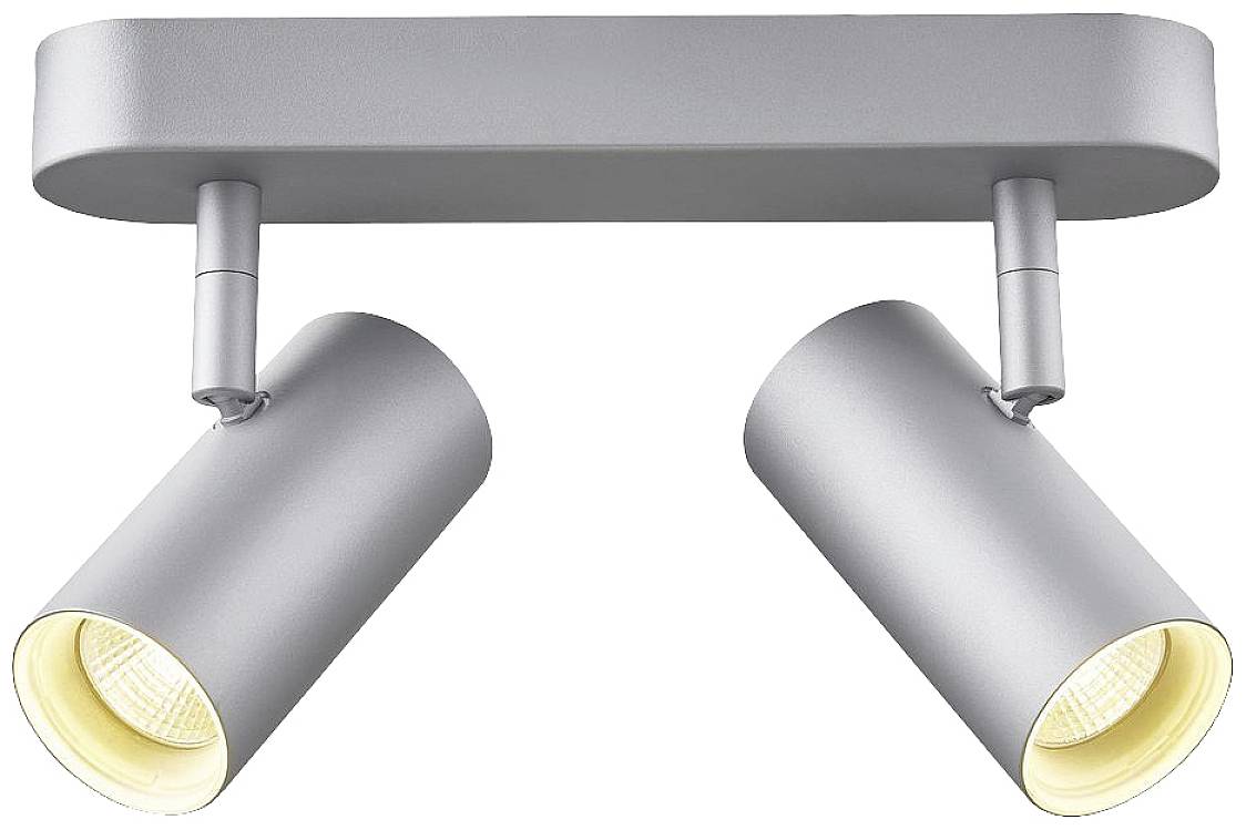 Two silver ceiling spotlights with cylindrical light fittings are mounted on a rectangular base. They shine downwards.