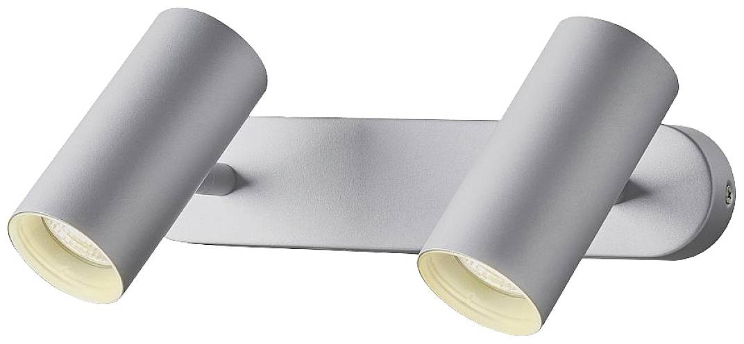 Silver LED wall light with two cylindrical spotlights angled in different directions.