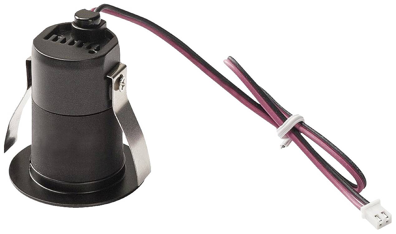 Black LED spotlight with two cables, mounted on a silver bracket. Suitable for installation in ceilings or furniture for lighting.