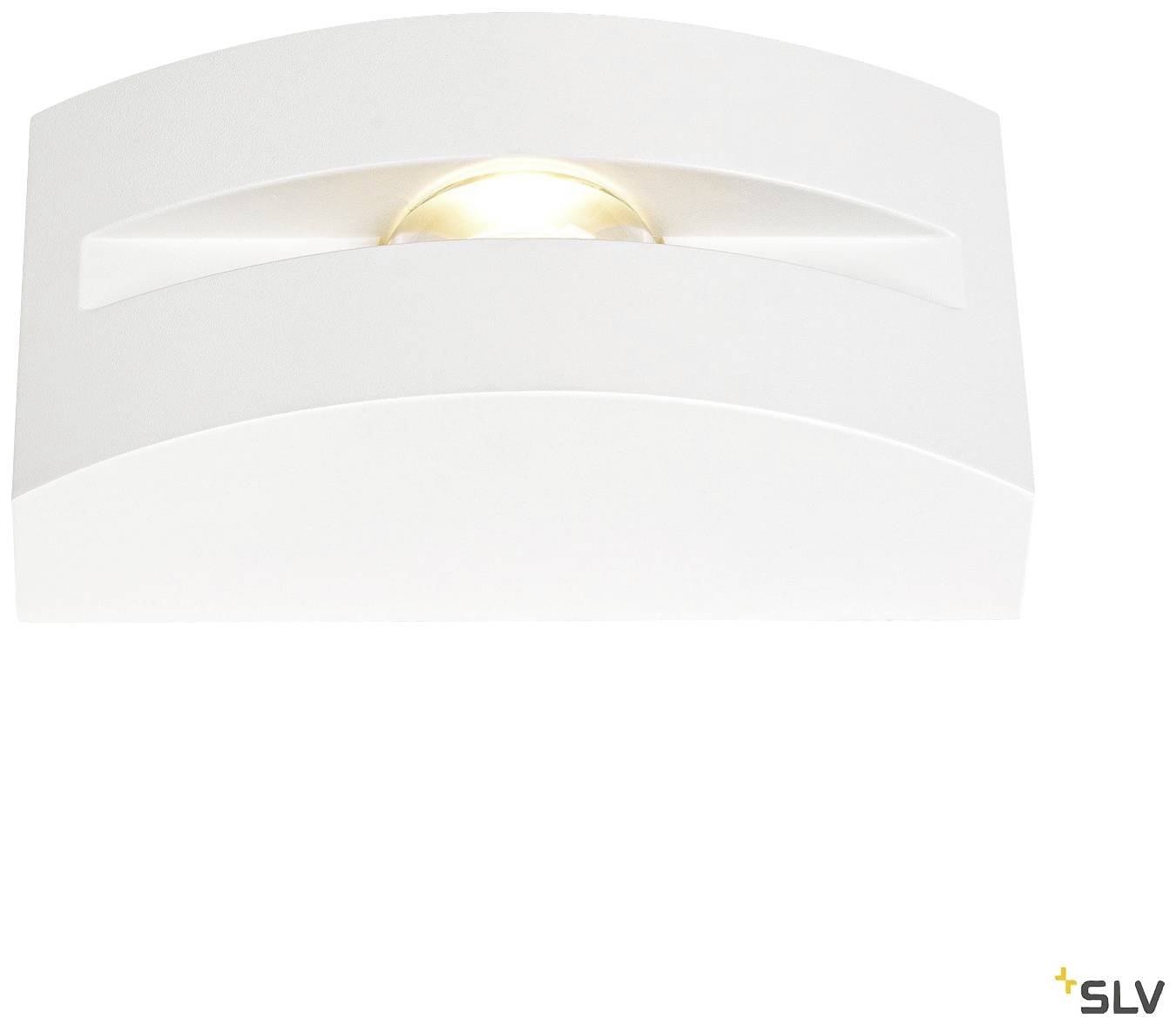 White, rectangular wall light with curved design and central light beam.