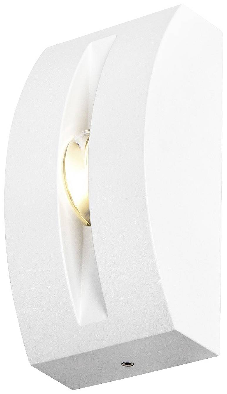 Modern white wall light with a curved shape and small light bulb, suitable for interior lighting.