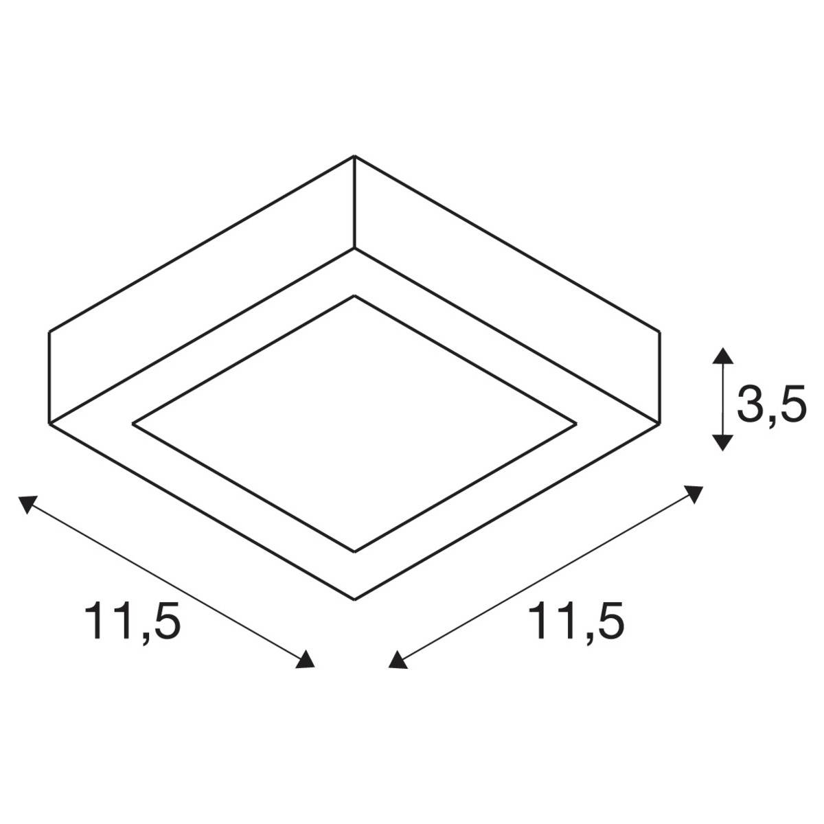 Isometric drawing of a square object with dimensions 11.5 cm x 11.5 cm x 3.5 cm.