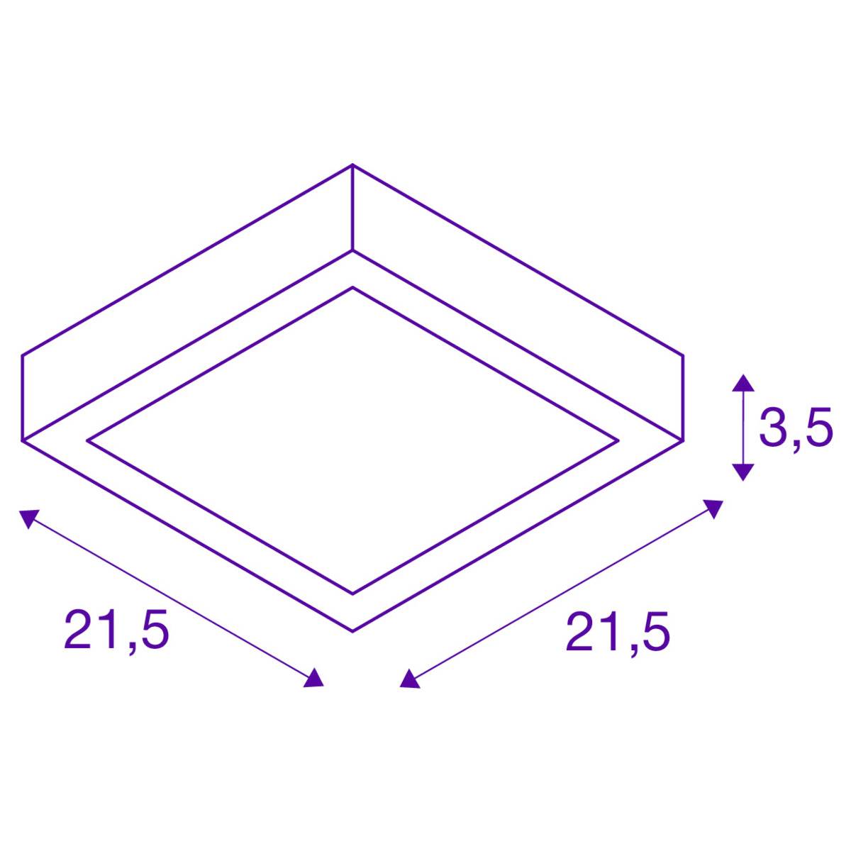 Diagram of a square object with dimensions of 21.5 x 21.5 cm and a height of 3.5 cm.