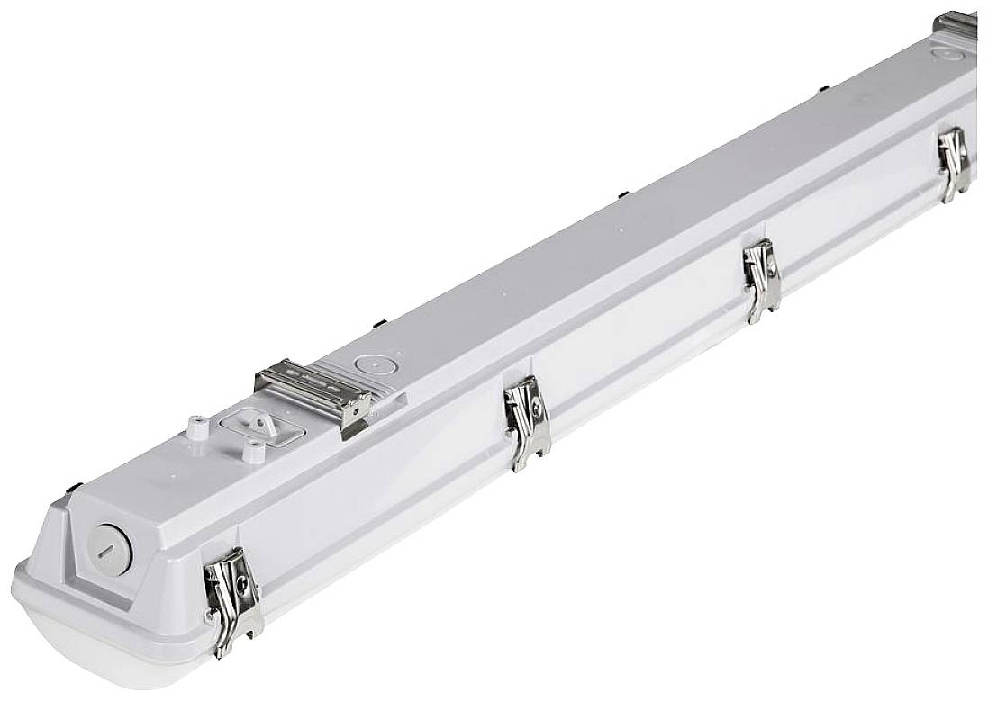 A rectangular, elongated LED luminaire with metal clips on the sides, suitable for industrial applications.