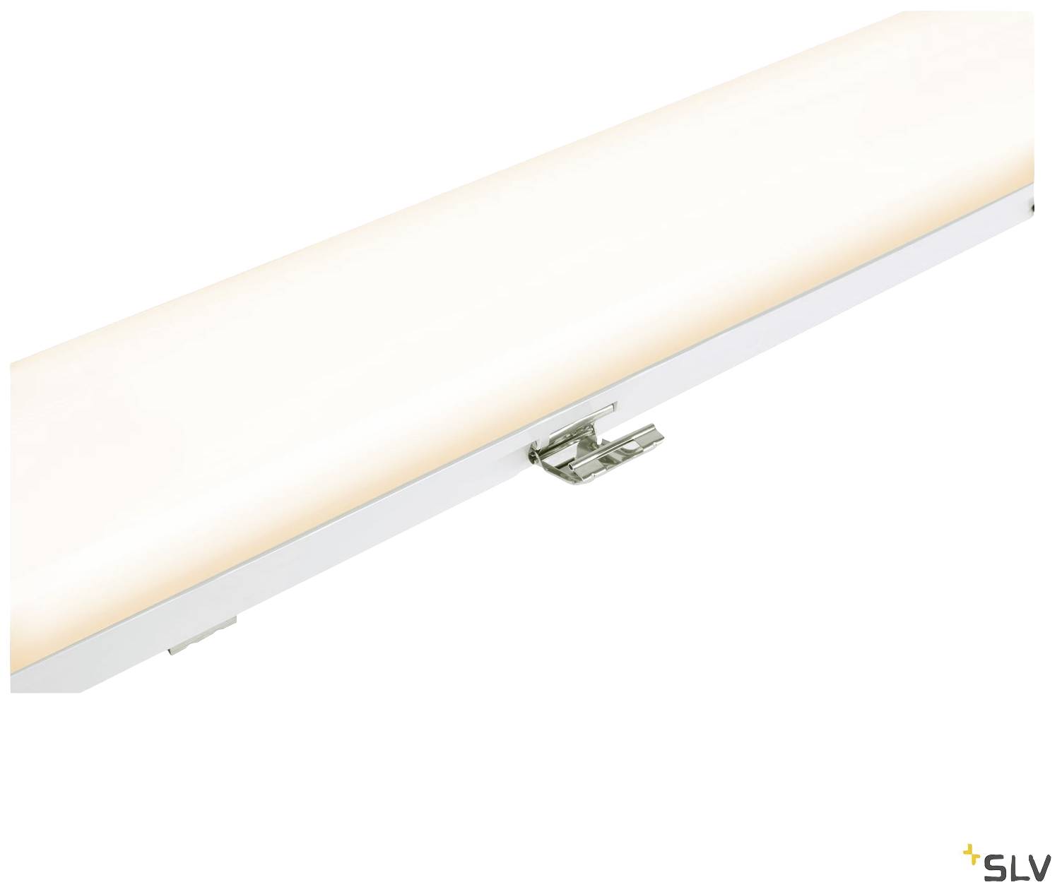 A white, elongated LED light bar with a metallic mounting clip by SLV, suitable for interior lighting.