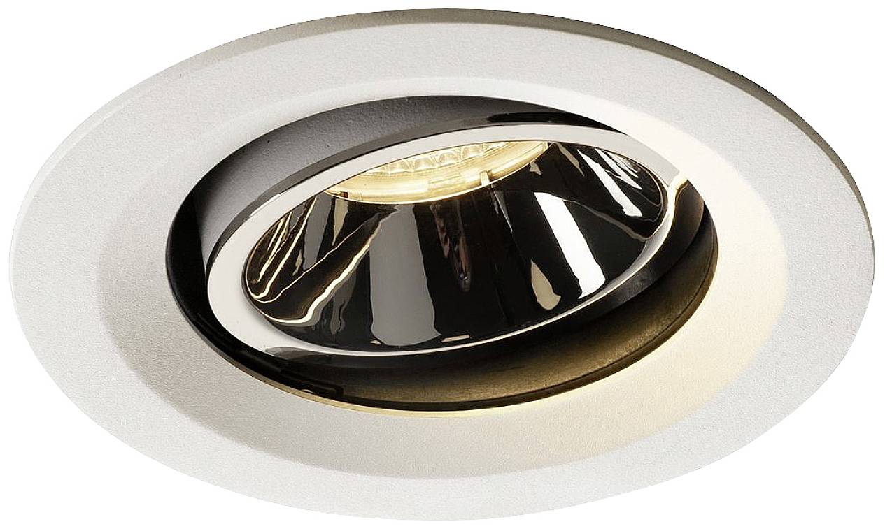 Round, pivoting recessed ceiling light with a metallic housing and LED light source, suitable for accent lighting in interior spaces.