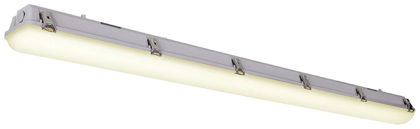 Elongated LED light fitting in a grey housing with a milky diffuser, suitable for industrial or commercial applications.
