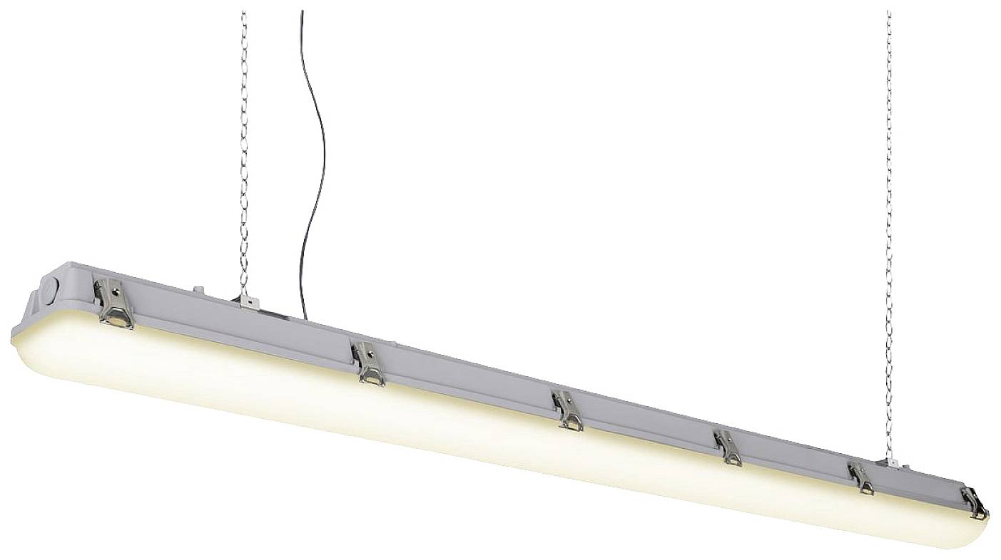 Elongated LED light suspended from chains, shining brightly. Ideal for industrial or commercial lighting.