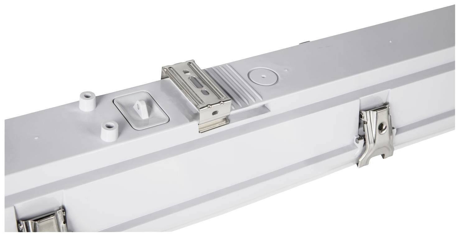 LED light fitting with robust housing and metal brackets, suitable for use in industrial or warehouse environments.