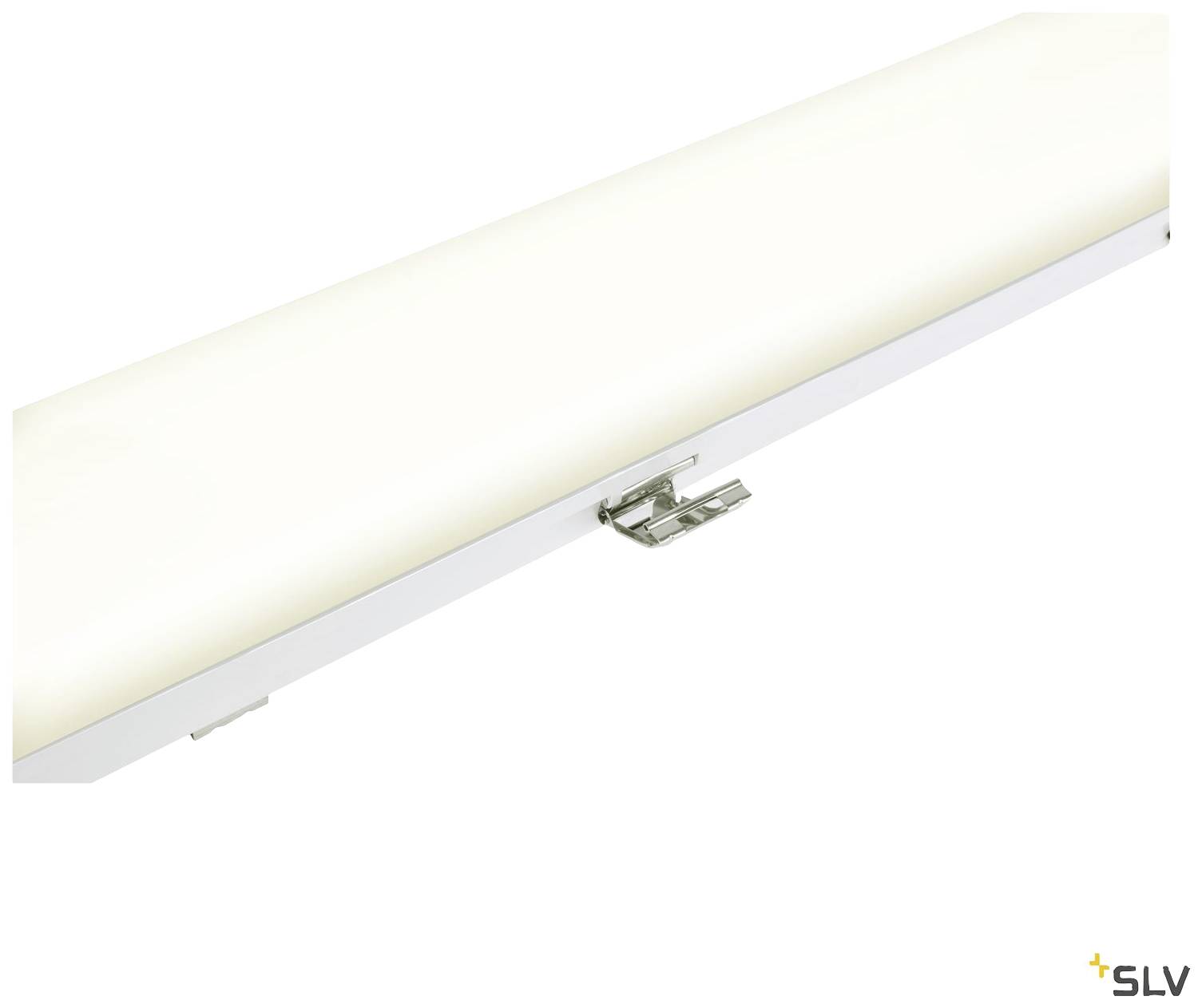 White, rectangular ceiling light with metallic mounting elements, suitable for uniform room illumination. Logo located bottom right.