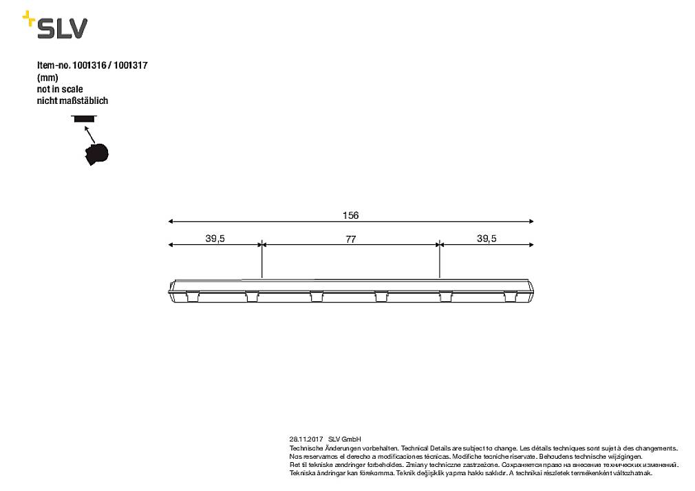 'SLV' logo in the top left corner. Drawing of an elongated object with dimensions: width 156 mm, sections 39.5 mm and 77 mm. Measurements not to scale.