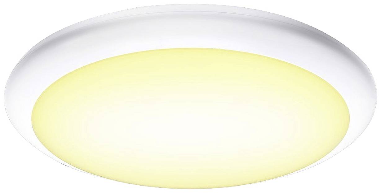 Round ceiling light, white with warm white illumination, minimalist design, suitable for modern interiors.
