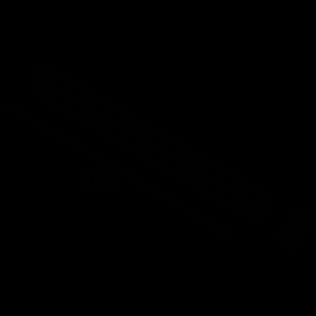Isometric drawing of a long, rectangular beam with dimensions: length 100, width 6, height 6. All units in millimetres.