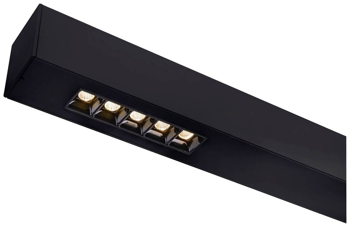 A black, modern LED ceiling light with five lights in a straight line.