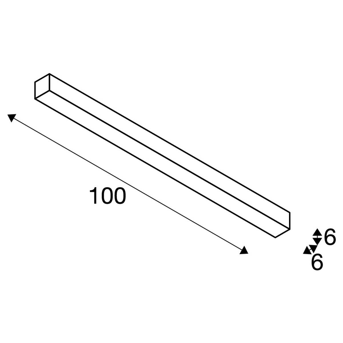 Isometric drawing of a rectangular bar with dimensions 100 x 6 x 6 units.