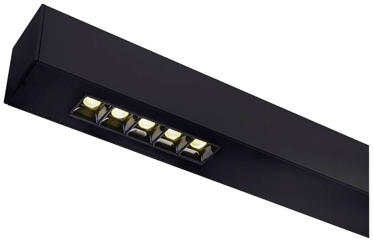 A black LED light bar with five evenly aligned lights against a neutral background.