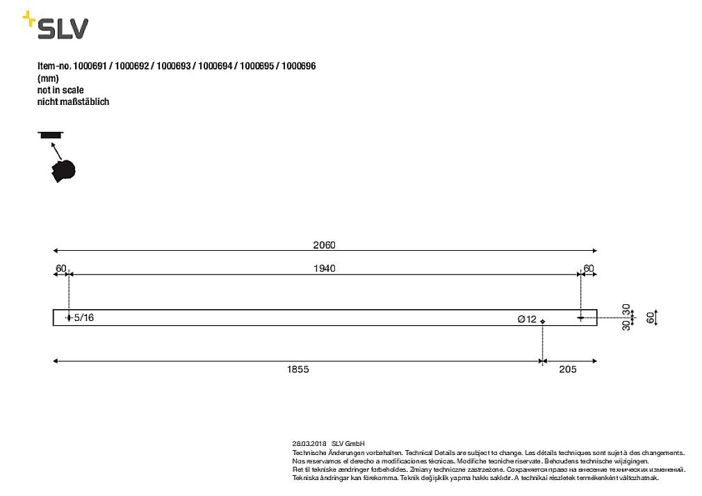 'SLV' Logo top left. Technical drawing of a light fitting, length 2090 mm, diameter 12 mm. Scale not to scale. Article numbers from 1000601 to 1000606.