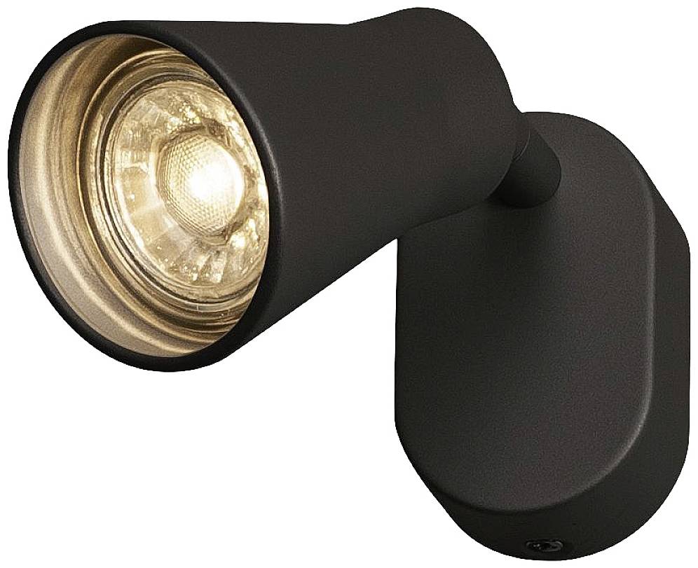 A black, modern LED wall light with a conical design, pointing to the left.