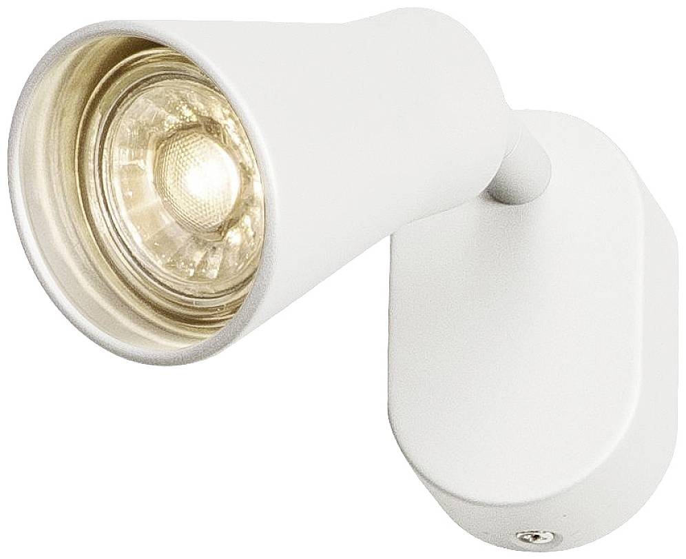 A modern, white wall light with a cylindrical shade, directed downwards, illuminates in warm light.