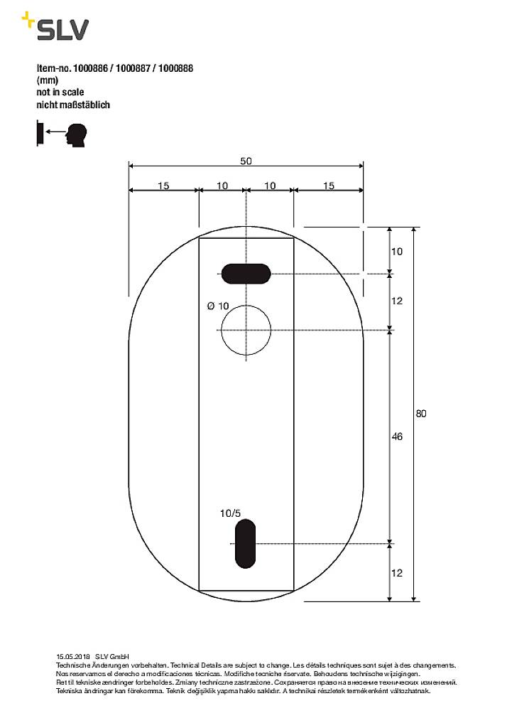 Technical drawing of an oval mounting plate with dimensions in millimetres. Two vertical slots and drill holes are shown.