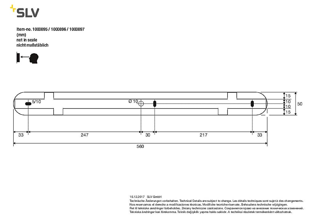 Technical drawing of a luminaire by SLV. Dimensions and distances are specified in millimetres. Top left states 'not to scale'.