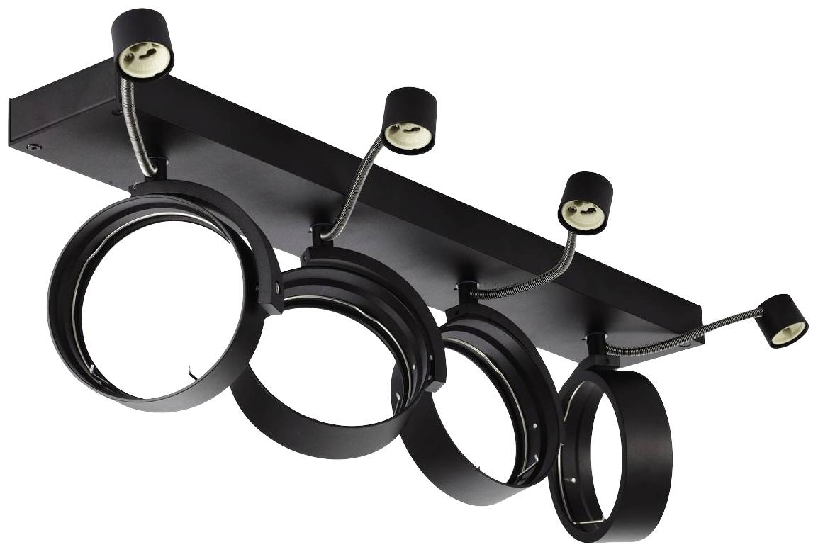 Modern black ceiling light with multiple adjustable rings that shine downwards. Elegant, minimalist design.