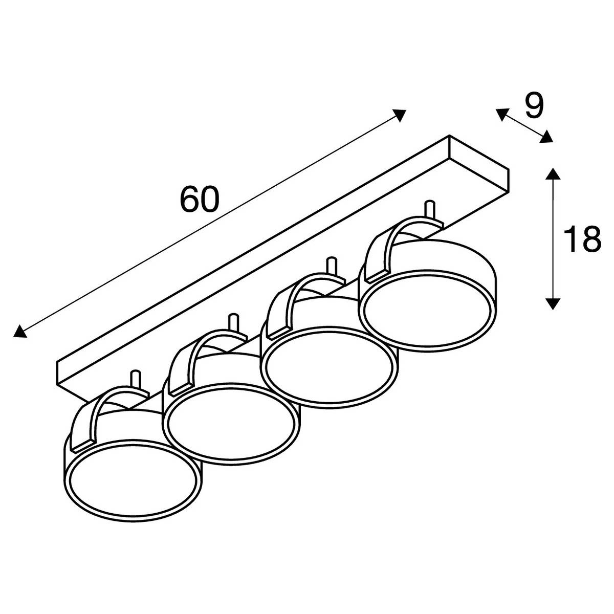 Line drawing of a ceiling spotlight with four round lights, mounted on a rectangular plate. Dimensions: Length 60 cm, Height 18 cm, Spacing 9 cm.