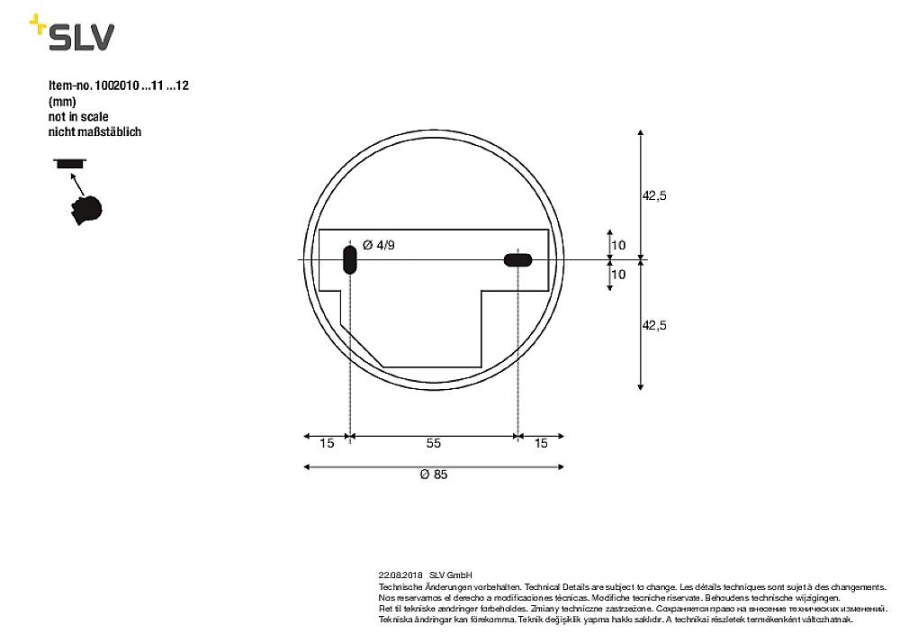 Technical drawing of a round light fixture with dimensions. Diameter 170 mm, depth 85 mm. At the top it reads: "not to scale".
