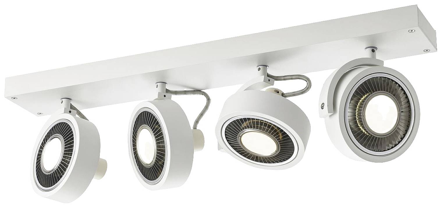 Four white, round ceiling spotlights on a rectangular track, pointing in different directions for targeted lighting.